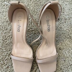 Beige square ankle strap heels